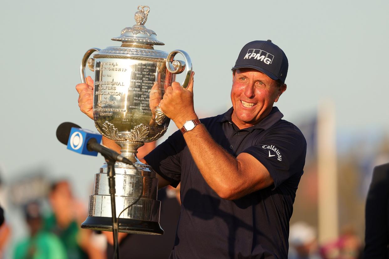 Phil Mickelson of the United States celebrates with the Wanamaker Trophy after winning during the final round of the 2021 PGA Championship