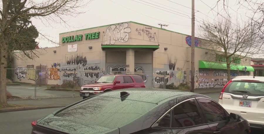 A partially burned Dollar Tree in St. Johns is the site of a potential BottleDrop center in North Portland. February 28, 2024 (KOIN).