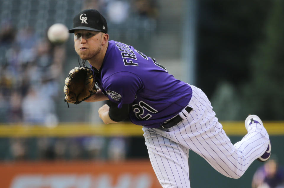 Colorado Rockies starting pitcher Kyle Freeland throws to the plate against the Pittsburgh Pirates during the first inning of a baseball game. (AP)