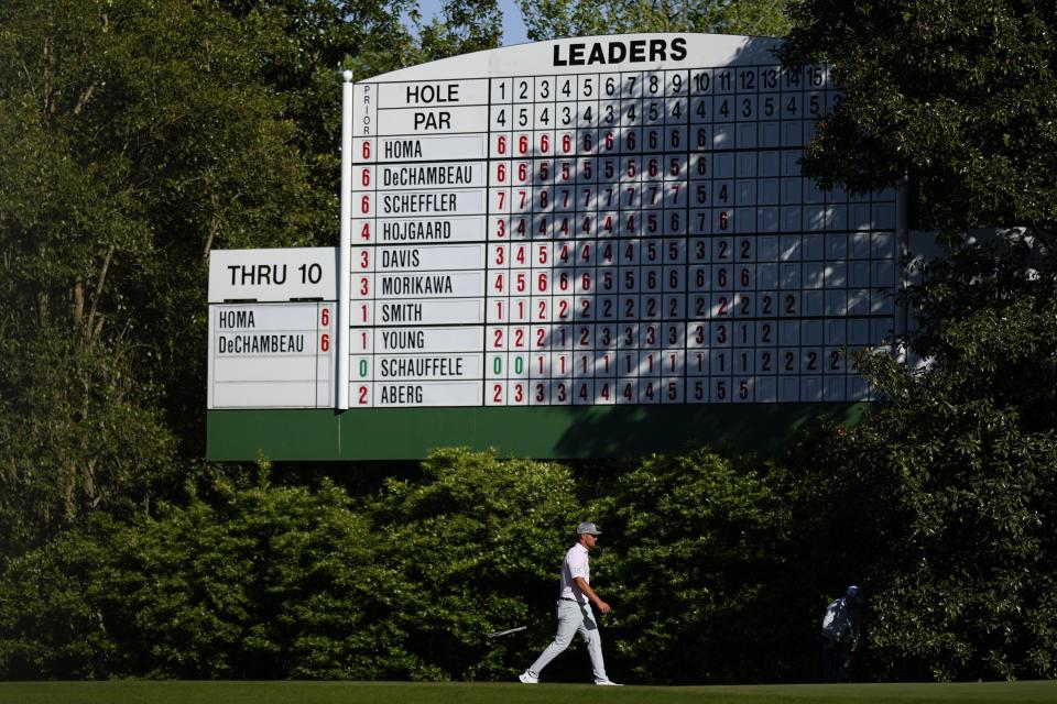 Bryson DeChambeau walks to the green on the 11th hole during third round at the Masters golf tournament at Augusta National Golf Club Saturday, April 13, 2024, in Augusta, Ga. (AP Photo/Matt Slocum)