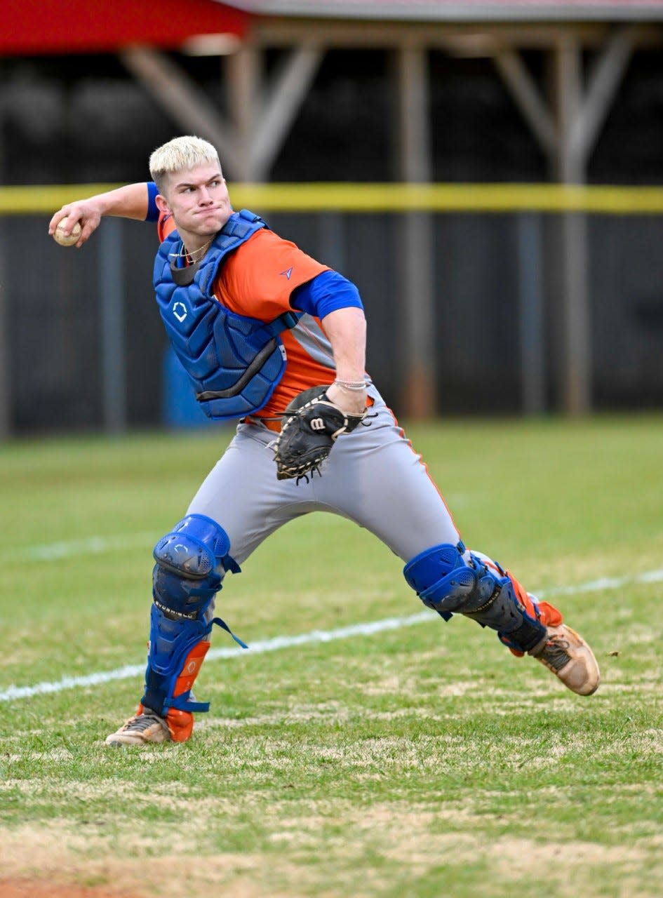 Brooks Brannon warms up before Randleman's game at Wheatmore on Friday, March 19, 2022.