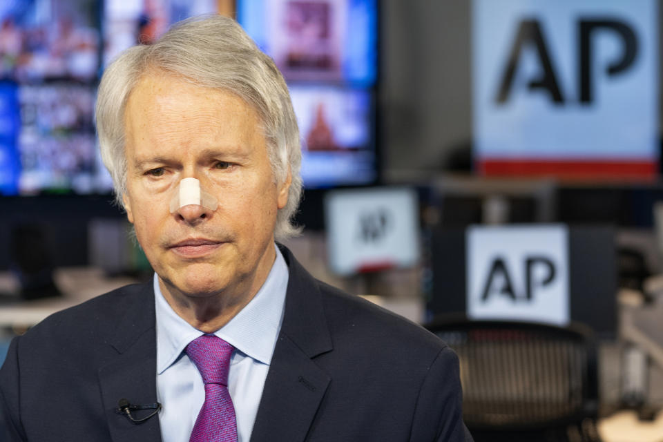 Gary Pruitt, President and CEO of the Associated Press, makes a statement, Saturday, May 15, 2021, in New York, regarding the Israeli military attack on the building housing AP's bureau and other news organizations in Gaza. (AP Photo/Mary Altaffer)