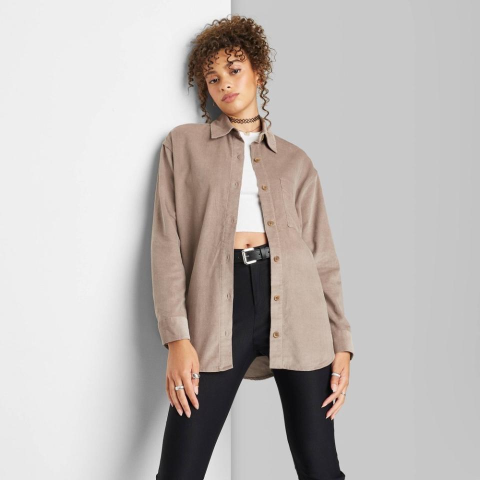 <p><a href="https://www.target.com/p/women-39-s-oversized-button-down-corduroy-shirt-wild-fable-8482-taupe-m/-/A-88180700" rel="nofollow noopener" target="_blank" data-ylk="slk:Shop Now;elm:context_link;itc:0;sec:content-canvas" class="link ">Shop Now</a></p><p>Oversized Corduroy Shirt </p><p>target.com</p><p>$28.00</p><span class="copyright">Wild Fable</span>