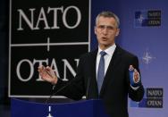 NATO Secretary General Jens Stoltenberg speaks during a joint press during a Foreign Affairs meeting at the NATO headquarters in Brussels on December 1, 2015