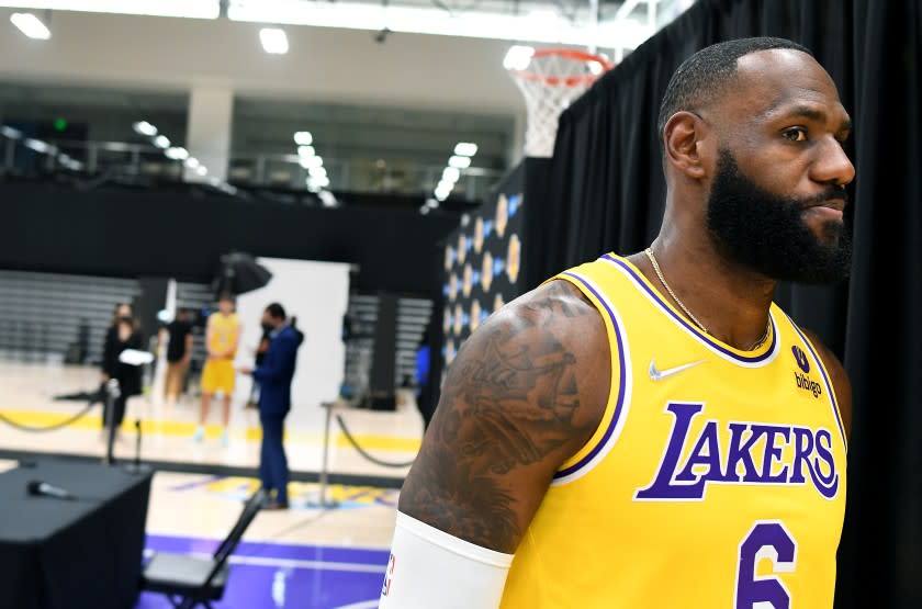 Lakers star LeBron James finishes an interview during media day on Sept. 28 in El Segundo.