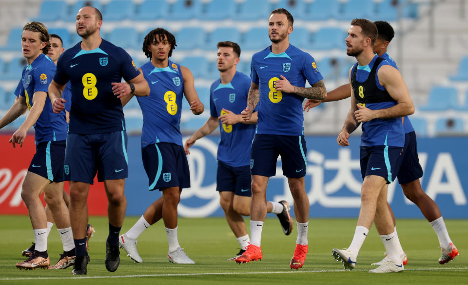 DOHA, QATAR - NOVEMBER 16: James Maddison warms up during the England teaining session at Al Wakrah Stadium on November 16, 2022 in Doha, Qatar. (Photo by Lars Baron/Getty Images)