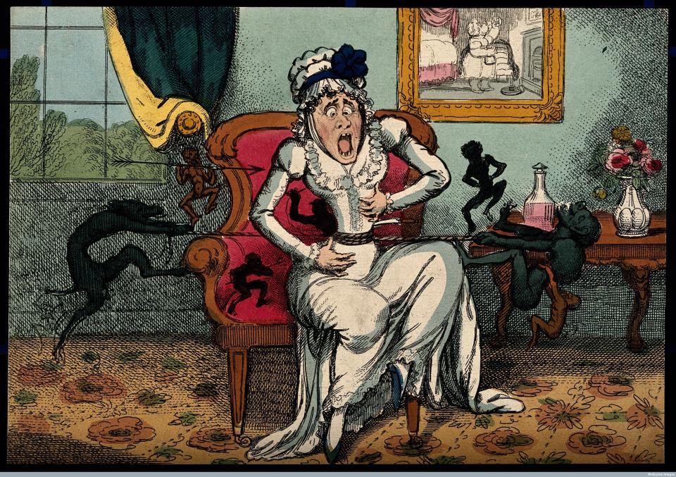 A woman suffering the pain of colic, illustrated by demons tugging on a rope wound around her stomach. Colored etching by Frederick Marryat after George Cruikshank.