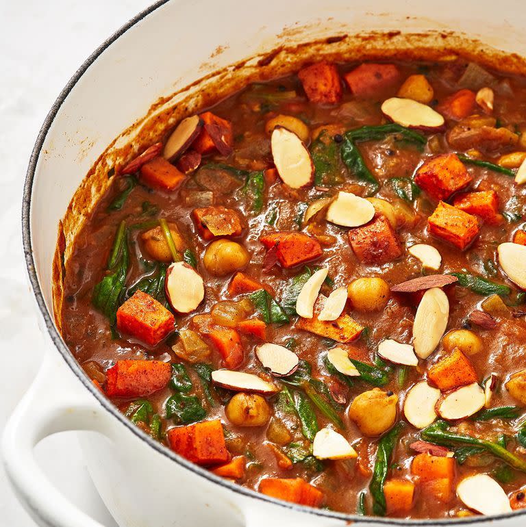 <p>If you've got a well stocked cupboard, you should have all these ingredients already in stock. This curry is seriously worth the TLC. </p><p>Get the <a href="https://www.delish.com/uk/cooking/recipes/a29782603/sweet-potato-chickpea-curry/" rel="nofollow noopener" target="_blank" data-ylk="slk:Sweet Potato And Chickpea Curry;elm:context_link;itc:0;sec:content-canvas" class="link ">Sweet Potato And Chickpea Curry</a> recipe. </p>