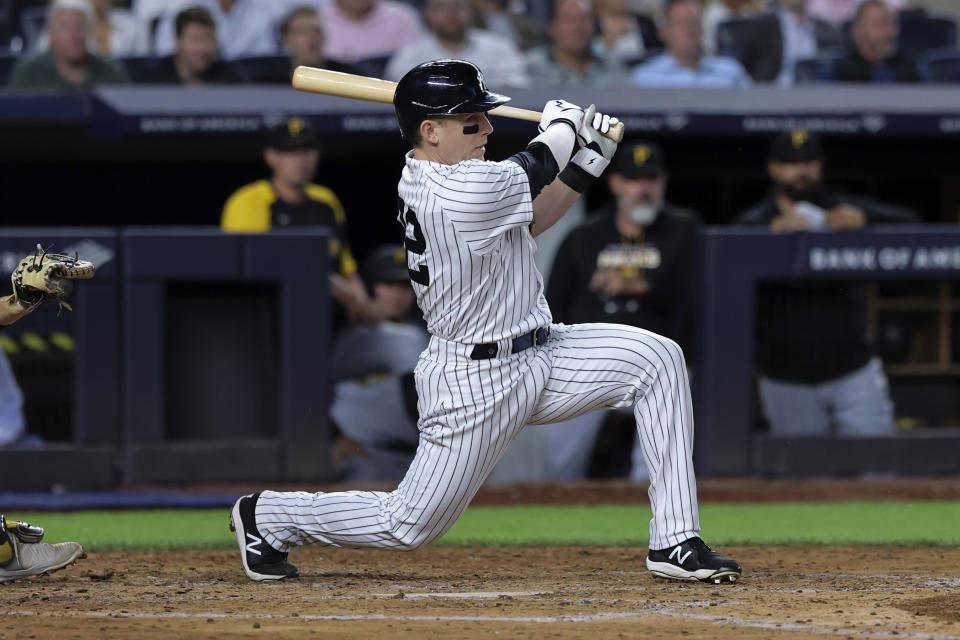 New York Yankees' Harrison Bader follows through on an RBI single against the Pittsburgh Pirates during the fifth inning of a baseball game Tuesday, Sept. 20, 2022, in New York. (AP Photo/Jessie Alcheh)