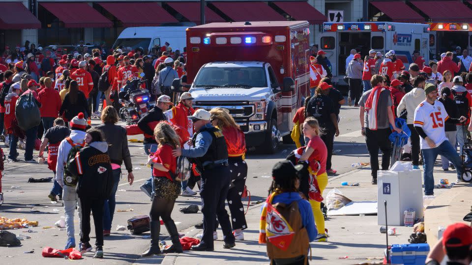 Police clear the area following a shooting after the Kansas City Chiefs’ Super Bowl celebration rally in Kansas City on Wednesday, February 14. - Reed Hoffmann/AP