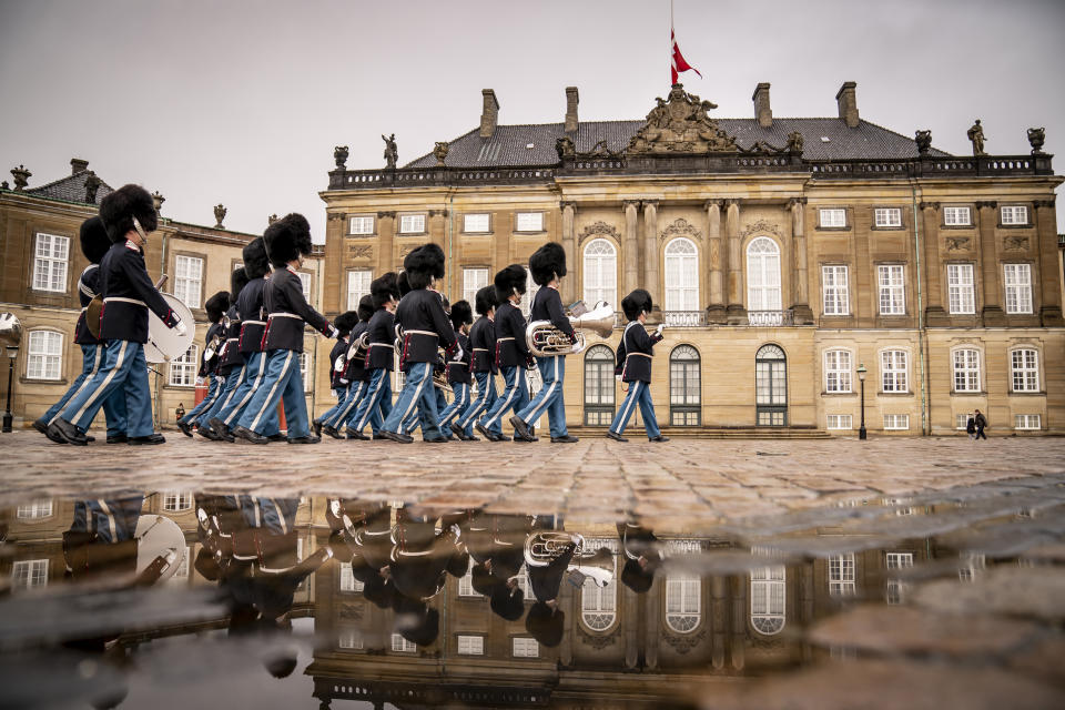 Flags are flown at half-mast at the Queen's Palace Amalienborg Castle in Copenhagen, Denmark, Wednesday, Jan. 11, 2023 to honour the death of former Greece king of Greece, Costantine. A controversial figure in Greek history, Constantine died in hospital late Tuesday night at the age of 82. The family, which had ruled Greece from 1863 apart from a 12-year republican interlude during 1922-1935, was descended from Prince Christian, later Christian IX of Denmark, of the House of Schleswig-Holstein-Sonderburg-Glücksburg branch of the Danish ruling family. (Mads Claus Rasmussen/Ritzau Scanpix via AP)