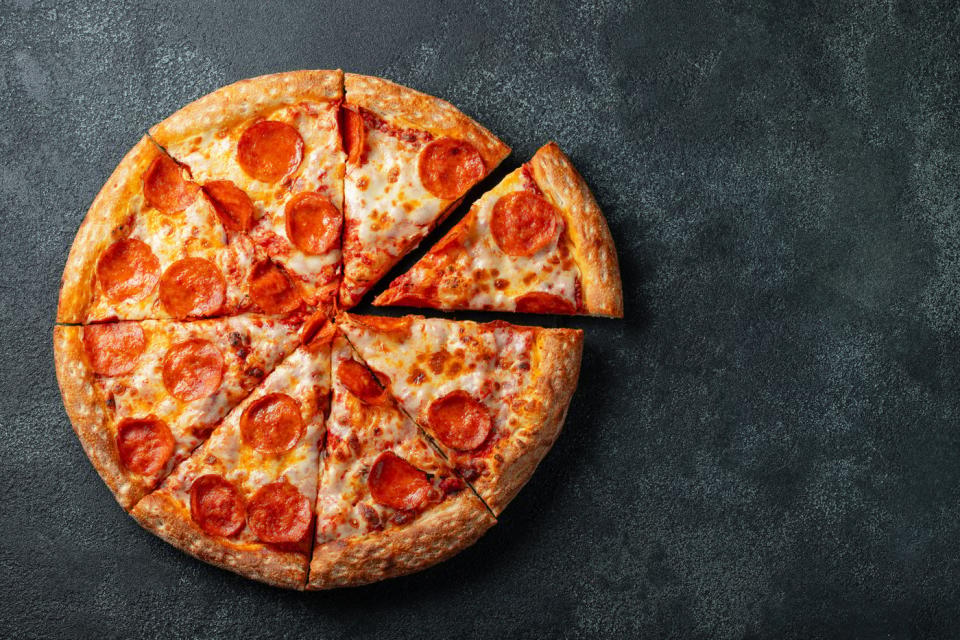 A pizza cut into 8 slices.