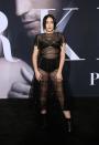 <p>Miley’s younger sister bared all in a sheer striped dress. The underwear look – which usually works – missed the mark this time. <i>[Photo: Rex]</i> </p>