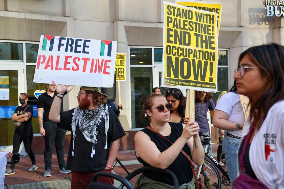 Rachel Leininger attended a pro-Palestinian demonstration Thursday, Oct. 12, in downtown Indianapolis. She said a turning point in her allegiances came when she was considering a birthright trip to Israel during college.