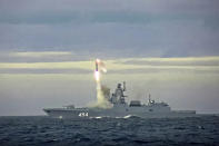 FILE - In this image taken from video released by Russian Defense Ministry Press Service on May 28, 2022, a new Zircon hypersonic cruise missile is launched by the frigate named "Admiral of the Fleet of the Soviet Union Gorshkov" of the Russian navy from the Barents Sea. Russian President Vladimir Putin on Wednesday Jan. 4, 2023 sent a frigate off to the Atlantic Ocean armed with hypersonic Zircon cruise missiles. (Russian Defense Ministry Press Service via AP, File)