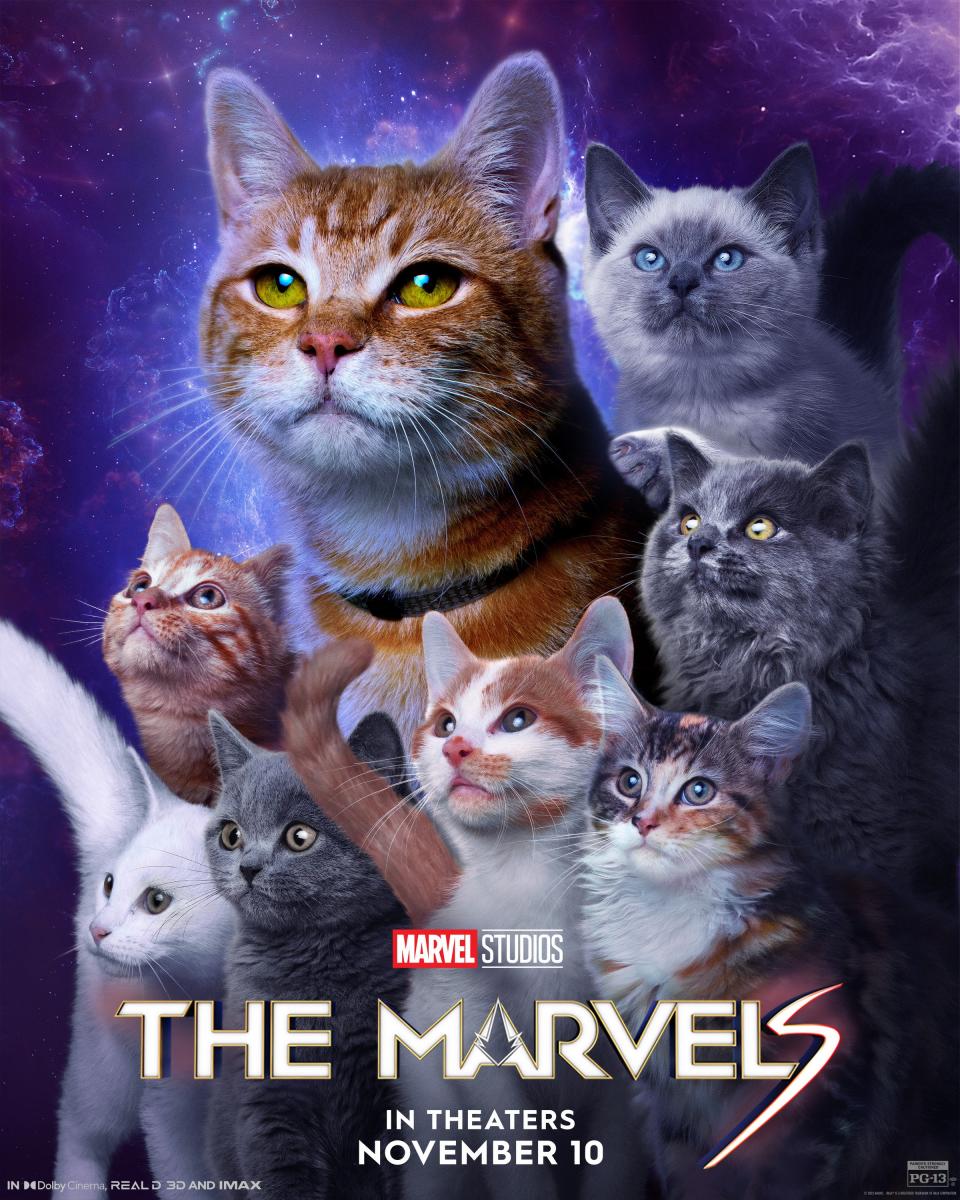 THE MARVELS, (aka CAPTAIN MARVEL 2), US advance poster, Goose the Flerken (top), with Flerkens, 2023. © Marvel / © Walt Disney Studios Motion Pictures / Courtesy Everett Collection