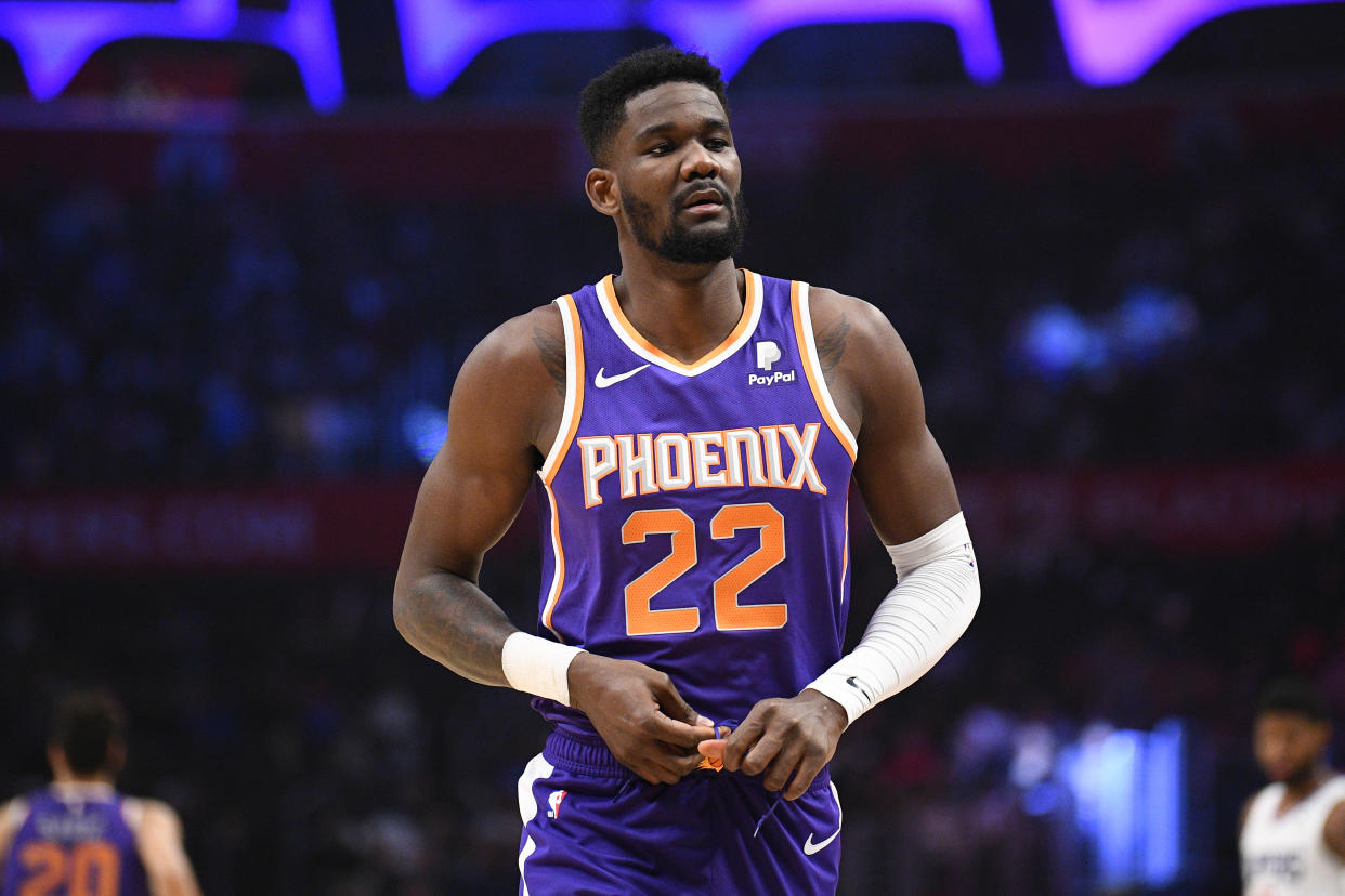 LOS ANGELES, CA - DECEMBER 17: Phoenix Suns Center DeAndre Ayton (22) looks on during a NBA game between the Phoenix Suns and the Los Angeles Clippers on December 17, 2019 at STAPLES Center in Los Angeles, CA. (Photo by Brian Rothmuller/Icon Sportswire via Getty Images)