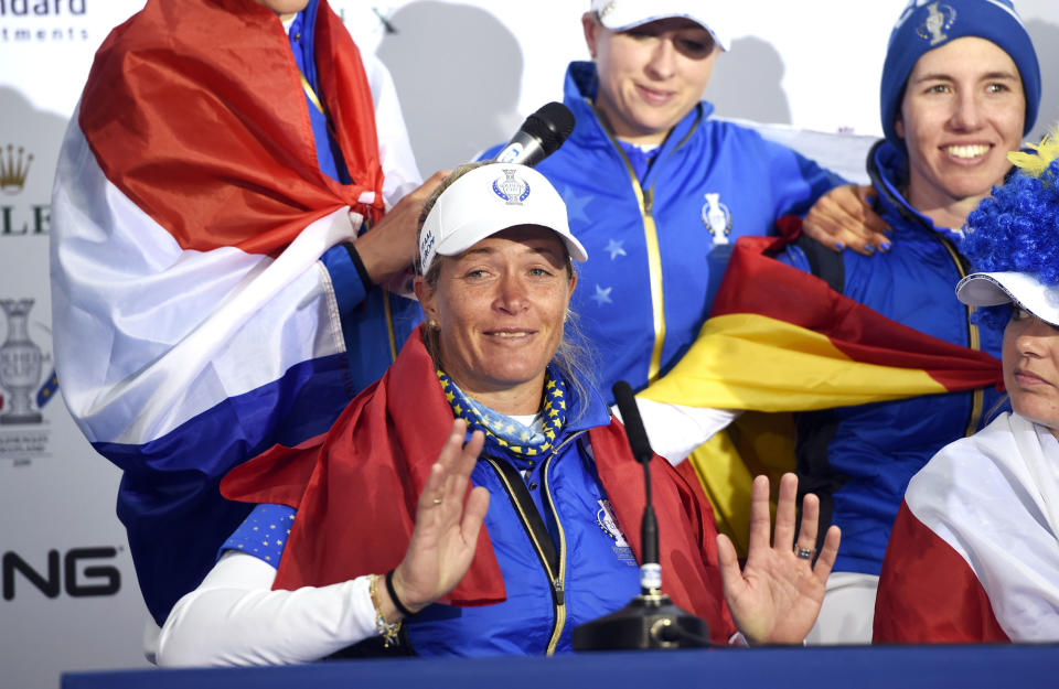 Team Europe's Suzann Pettersen announces her retirement in the post match press conference following Team Europe's victory in the Solheim Cup against the US at Gleneagles, Auchterarder, Scotland, Sunday, Sept. 15, 2019. (Ian Rutherford/PA via AP)