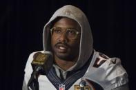 February 4, 2016; Santa Clara, CA, USA; Denver Broncos outside linebacker Von Miller (58) addresses the media during a press conference prior to Super Bowl 50 at Santa Clara Marriott. Mandatory Credit: Kyle Terada-USA TODAY Sports -