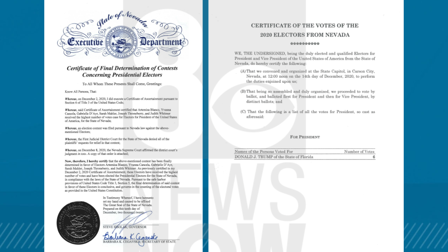 <em>The state’s real election certification versus the one sent in by the Nevada Republican Party. (KLAS)</em>