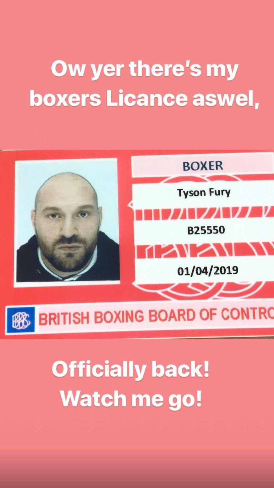 Fury posted an image his new boxing licence on Instagram (Instagram/gypsyking101)