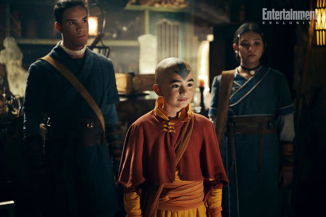 <p>Robert Falconer/Netflix</p> Ian Ousley as Sokka, Gordon Cormier as Aang, and Kiawentiio as Katara in 'Avatar: The Last Airbender'