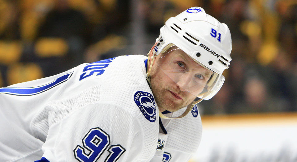 NASHVILLE, TN - DECEMBER 03: Tampa Bay Lightning winger Steven Stamkos (91) is shown during the NHL game between the Nashville Predators and Tampa Bay Lightning, held on December 3, 2019, at Bridgestone Arena in Nashville, Tennessee. (Photo by Danny Murphy/Icon Sportswire via Getty Images)