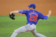 Chicago Cubs starting pitcher Kyle Hendricks delivers a pitch during the forth inning of a baseball game against the Texas Rangers, Saturday, March 30, 2024, in Arlington, Texas. (AP Photo/Gareth Patterson)