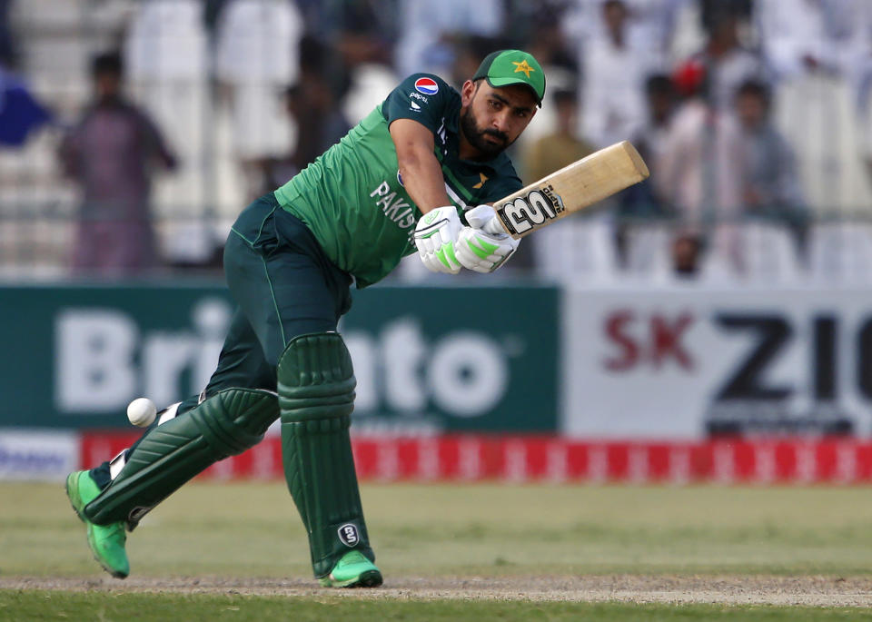 Pakistan's Khushdil Shah bats during the third one-day international cricket match between Pakistan and West Indies at the Multan Cricket Stadium, in Multan, Pakistan, Sunday, June 12, 2022. (AP Photo/Anjum Naveed)