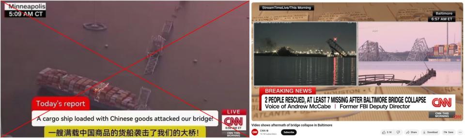 <span>Screenshot comparison of the fabricated image used in the false post (left) and authentic CNN report on the accident (right)</span>