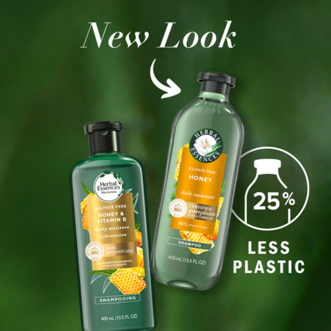 New Herbal Essences shampoo and conditioner bottles have been designed to use 25% less plastic (vs Herbal Essences Smooth Rose Hips 400 mL, g/mL). (Photo: Business Wire)