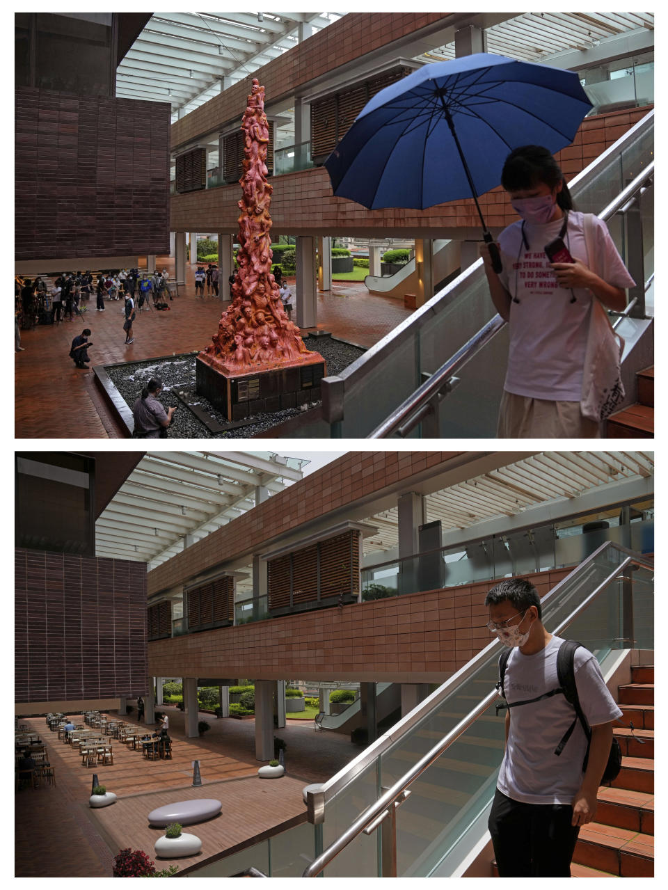 This combination of photos show the "Pillar of Shame" statue, a memorial for those who were killed in the 1989 Tiananmen crackdown, is displayed at the University of Hong Kong, Oct. 13, 2021, seen at top, and the "Pillar of Shame" statue had been removed at the University of Hong Kong, Friday, June 3, 2022, seen at bottom. (AP Photo/Kin Cheung)