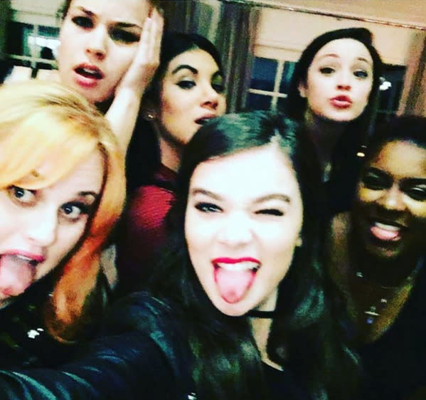 Rebel Wilson, with her “Pitch Perfect 2″ girls Hailee Steinfeld, Alexis Knapp, Ester Dean, Shelley Regner, and Chrissie Fit: “Love these pitches x” -@rebelwilson