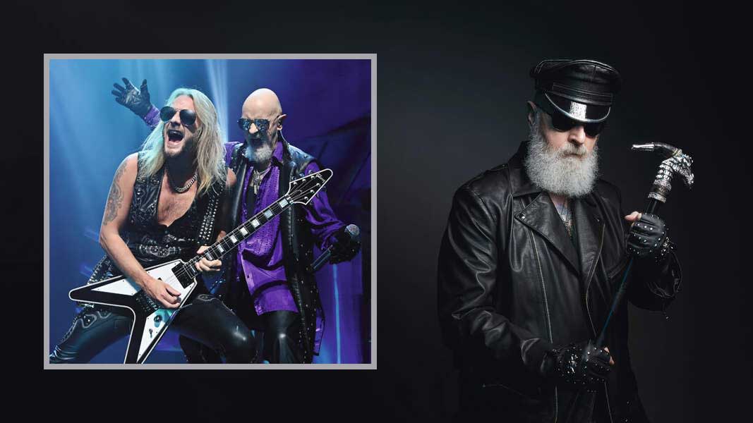  Richie Faulkner and Rob Halford onstage, and a studio portrait of Rob Halford. 