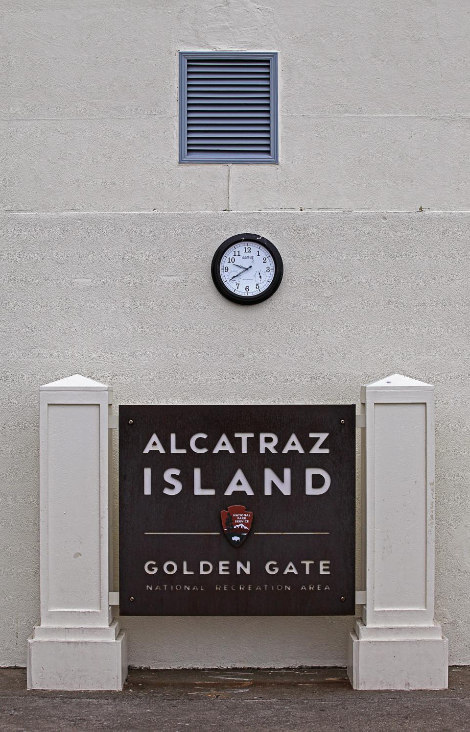 The Alcatraz Island Golden Gate National Recreation Area clock awaiting visitors on their arrival to Alcatraz.