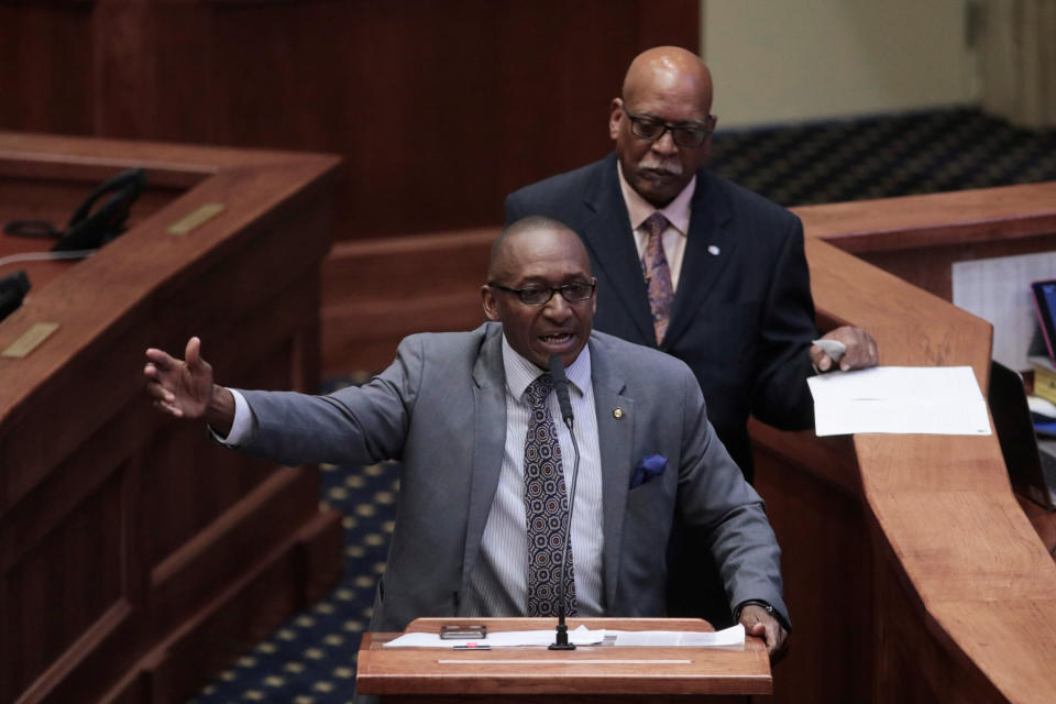 Senator Rodger Smitherman (D) waits to speak as Senator Bobby Singleton (D) speaks during a state Senate vote on the strictest anti-abortion bill in the United States at the Alabama Legislature in Montgomery, Alabama, U.S. May 14, 2019.  REUTERS/Chris Aluka Berry