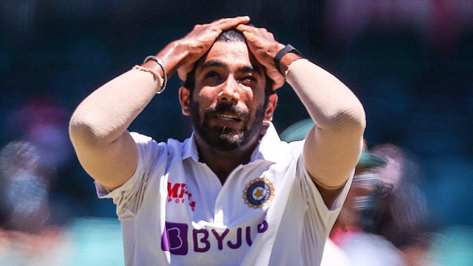 Pictured here, Jasprit Bumrah looks frustrated during the third Test against Australia.