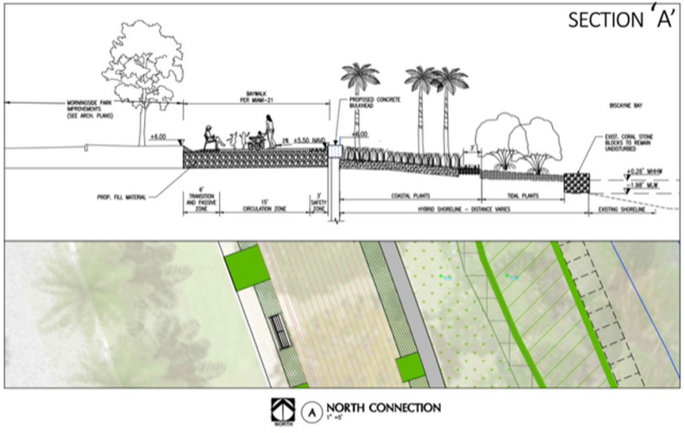 A rendering of the proposed shoreline improvement plan, looking north with the bay on the right. CITY OF MIAMI