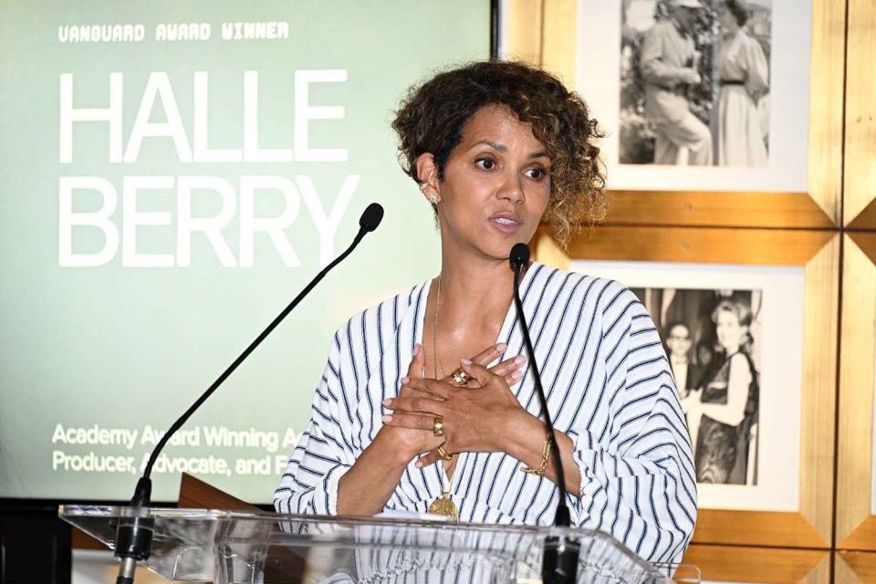 <p>Lionel Hahn/Getty</p> Halle Berry speaks at the Cannes Lions Festival of Creativity in June 2023.