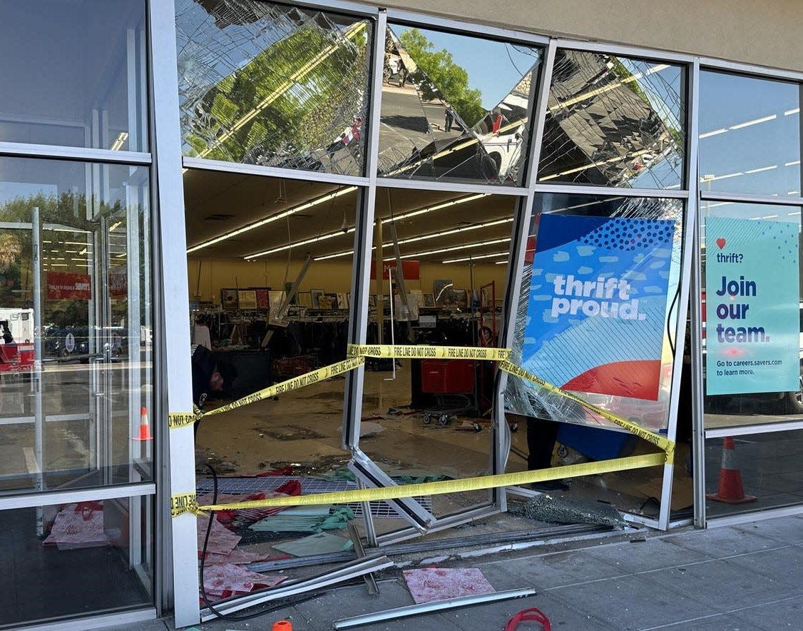 Pictured is the front of a Savers store in Las Cruces, New Mexico which was mistakenly hit by an SUV on April 30, 2024. A woman died and 14 other people were injured.