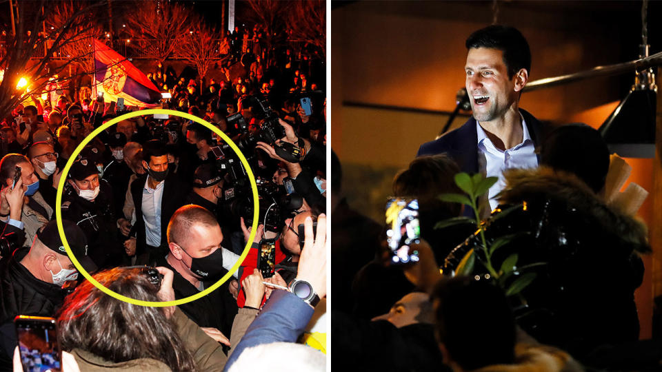 Novak Djokovic (pictured left) walking through a crowd and (pictured right) smiling and celebrating with his fans.