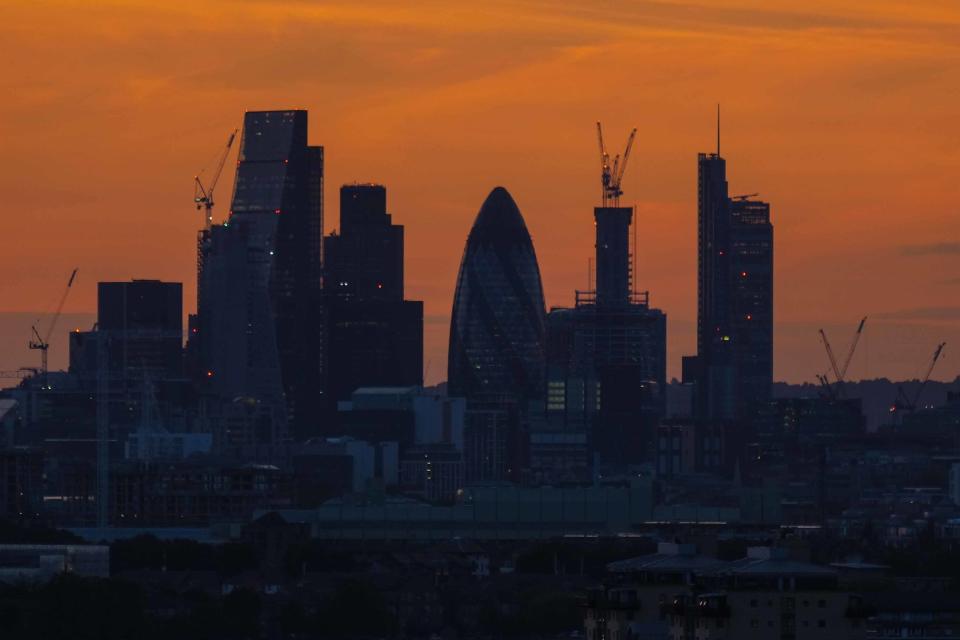 Golden sunset over London on the 24 August 2017 from Greenwich Park. View of 30 St Mary's Axe aka The Gherkin in the City of London. (Photo by Claire Doherty)