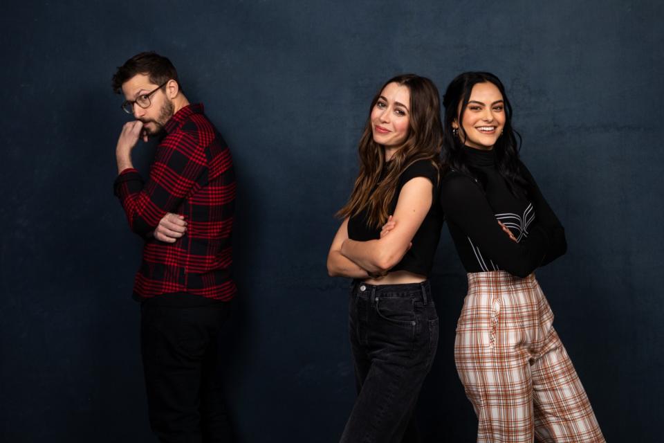 Actors Andy Samberg, Cristin Milioti and Camila Mendes of "Palm Springs."