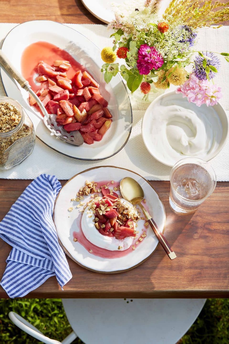 <p>Here's a simple Easter brunch idea: Fresh rhubarb, poached in maple syrup, makes a delicious and elegant topping for your favorite breakfast yogurt. Add a little <a href="https://www.countryliving.com/food-drinks/a32353912/toasted-many-seed-granola/" rel="nofollow noopener" target="_blank" data-ylk="slk:homemade granola;elm:context_link;itc:0;sec:content-canvas" class="link ">homemade granola</a> and it's *chef's kiss*.</p><p><strong><a href="https://www.countryliving.com/food-drinks/a32353901/poached-rhubarb-with-yogurt/" rel="nofollow noopener" target="_blank" data-ylk="slk:Get the recipe for Poached Rhubarb;elm:context_link;itc:0;sec:content-canvas" class="link ">Get the recipe for Poached Rhubarb</a>.</strong> </p>