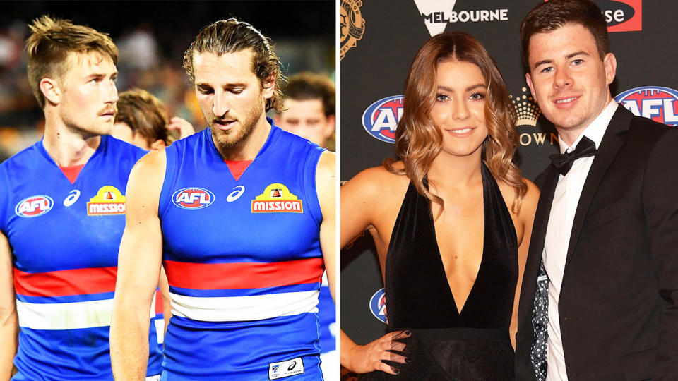 Tenisha Crook, (pictured right posing with Richmond star and husband Jack Higgins at the Brownlow Medal Awards) and the Bulldogs (pictured left) looking dejected.