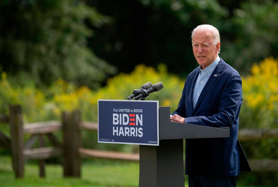 Democratic presidential candidate Joe Biden speaks outside the Delaware Museum of Natural History in Greenville on Sept. 14, 2020. Biden spoke about the ongoing wildfires and the urgent need to address the climate crisis.