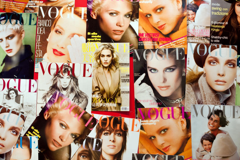 "Rome, Italy - September 21, 2011: Lots of covers of Italian Vogue, fashion and lifestyle magazine from 1892 that is published in different countries and languages"