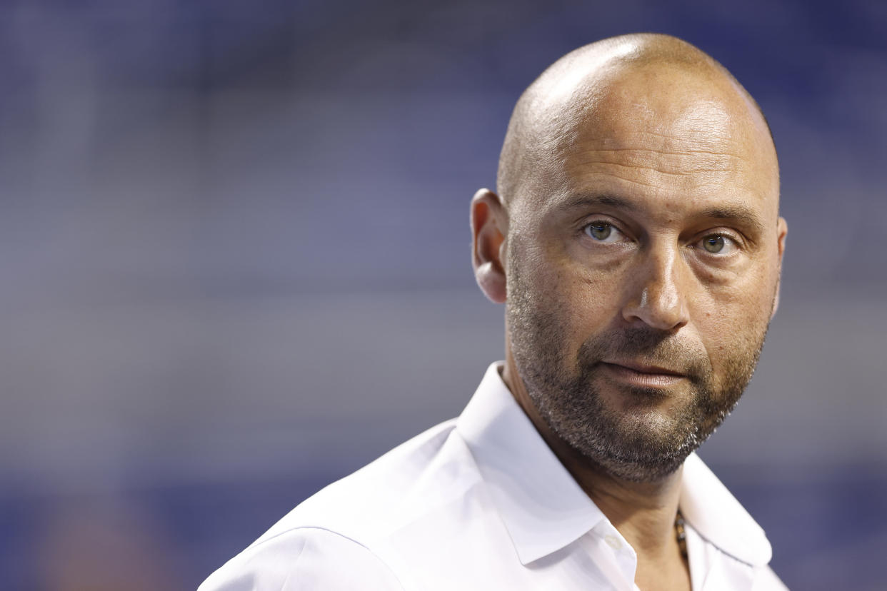 MIAMI, FLORIDA - JULY 06: CEO Derek Jeter of the Miami Marlins looks on during batting practice prior to the game against the Los Angeles Dodgers at loanDepot park on July 06, 2021 in Miami, Florida. (Photo by Michael Reaves/Getty Images)