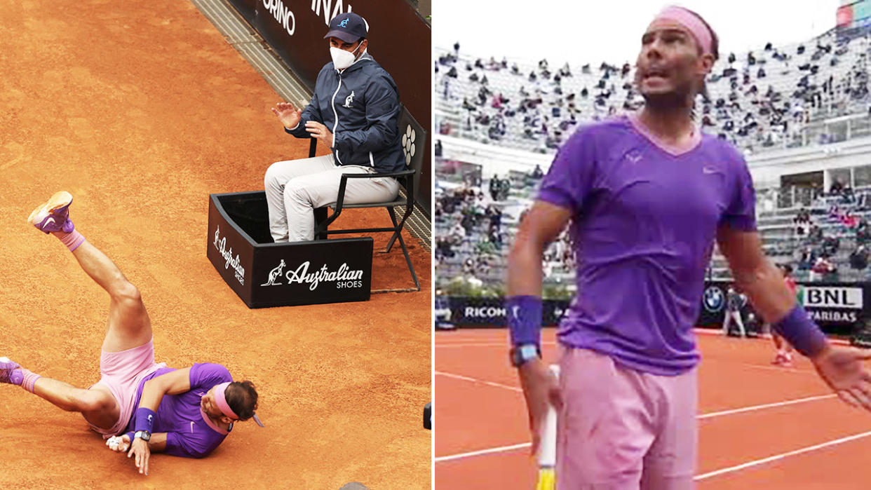 Rafael Nadal, pictured here blasting the chair umpire after taking a nasty fall.