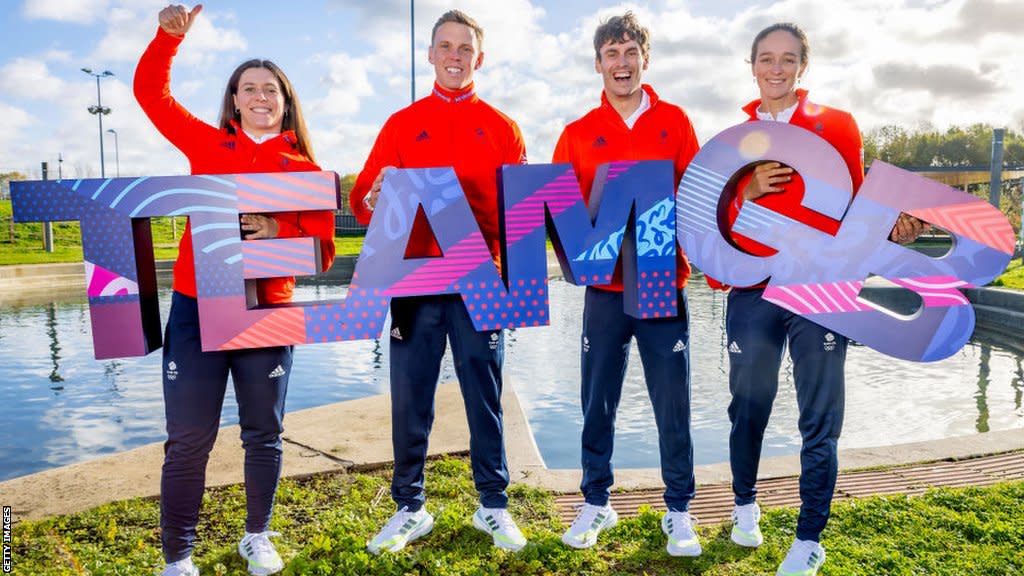 Paris 2024 Team GB Canoe Slalom Team Announcement featuring left to right: Kimberley Woods, Joe Clarke, Adam Burgess and Mallory Franklin